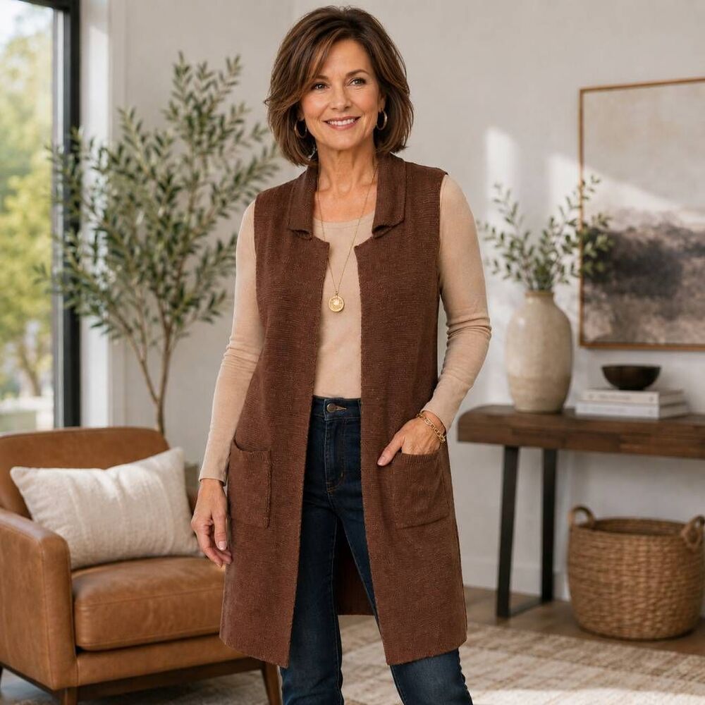 Versona Womens Brown Longline Open Front Knit Sweater Vest With Pockets Medium